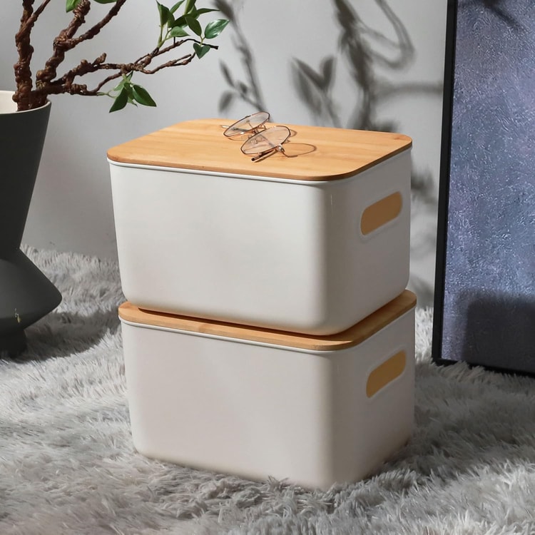 禧天龙塑料收纳盒竹盖带把手2件装可堆叠10.2 x 7 x 6.3英寸- 亚米
