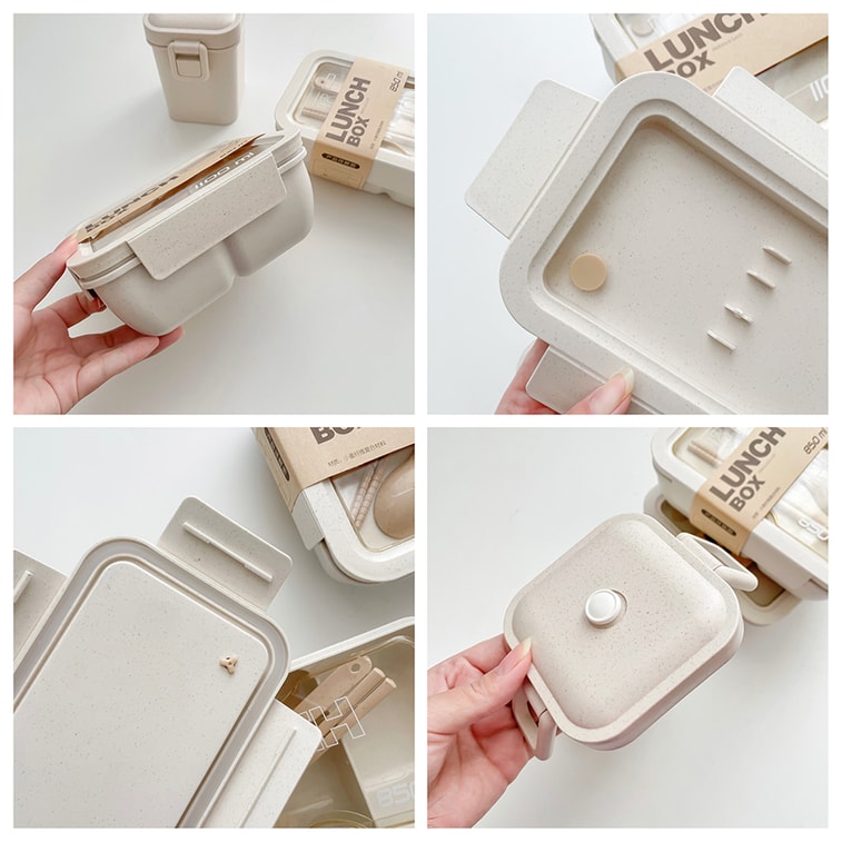 【中国直邮】 HSPM 新款可微波炉加热带餐具分格便当餐盒 长方形米色【筷勺】 F 3