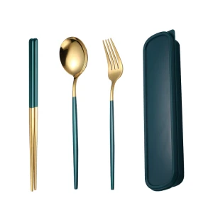Tableware Set Portable Spoon, Chopstick and Fork 3-Piece Set with Storage Box Student Spoon and Chopstick Set  304 stainless steel, green gold finish