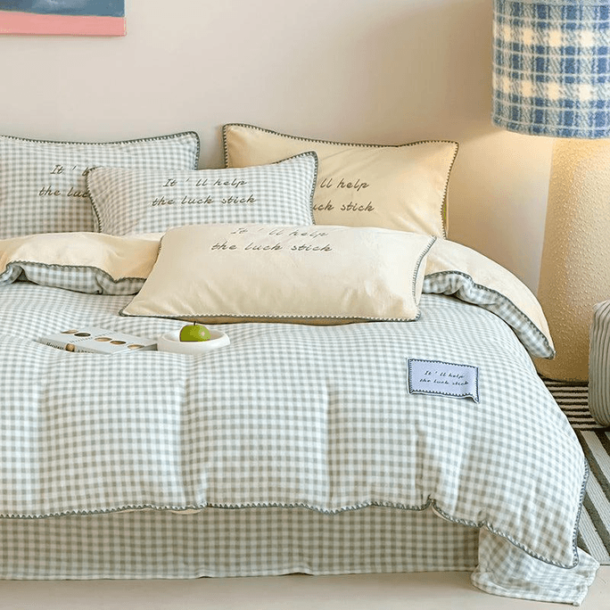 Fresh Gingham Bedding Set(Fitted)Green Cream-Q