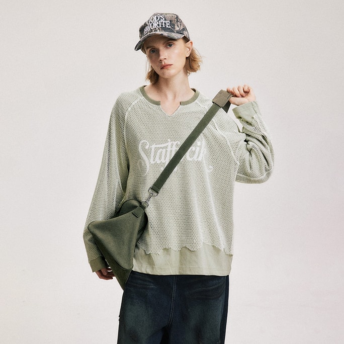 New Retro Contrasting Fake Two Piece V-Neck Hoodie Gray Bean Green M