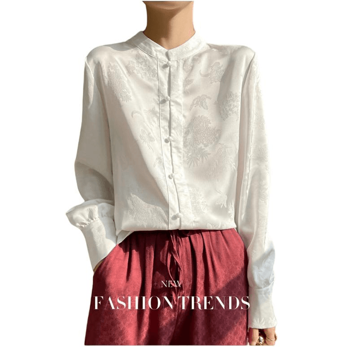 【中國直郵】 ASIS 新中式緞面提花立領長袖襯衫上衣-香檳色 2XL