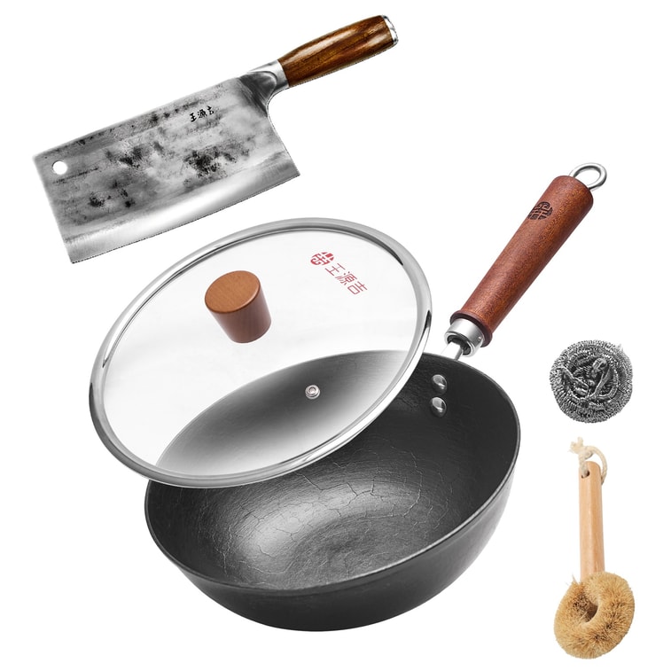 왕위안지 🔥역대 최저가 콤보🔥⭐고순도 철, 균일한 열전도⭐【전통 무쇠 웍】전통 웍 + 슬라이싱 칼 세트, 가정 요리에 적합, 1인분, 24cm, 1~3인 가족에게 추천. 7