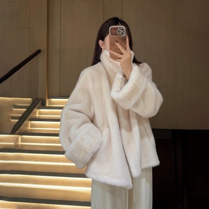 New Thickened Short Square-Collar Pumpkin Cuffed Vintage-Inspired Faux Mink Plush Jacket Cream White M