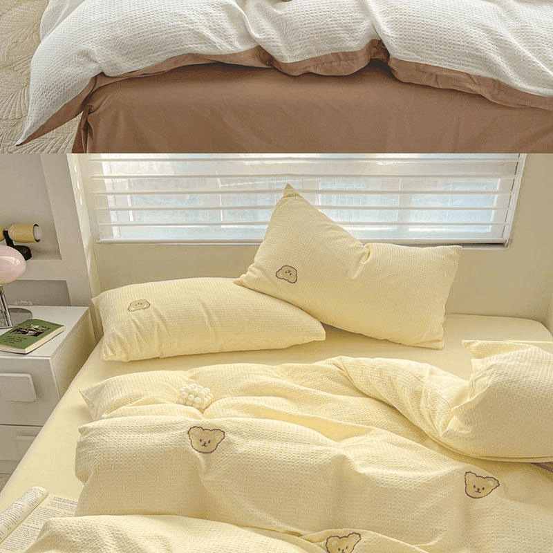 【中国直邮】 Lullabuy 华夫格小熊刺绣纯棉床上四件套(床笠款) 黄绿色-Queen