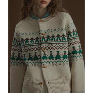 New Cow Horn Button Christmas Style Knitted Cardigan Sweater In Beige Color S