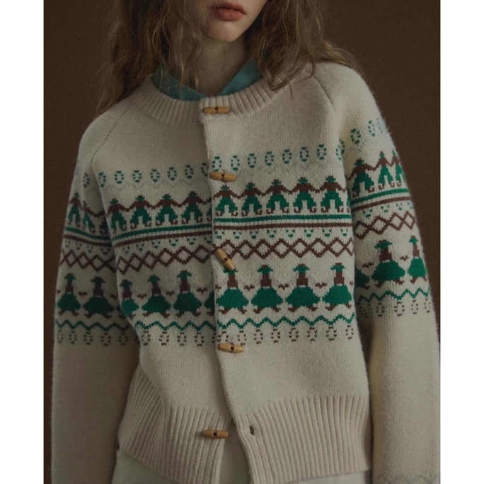 New Cow Horn Button Christmas Style Knitted Cardigan Sweater In Beige Color M