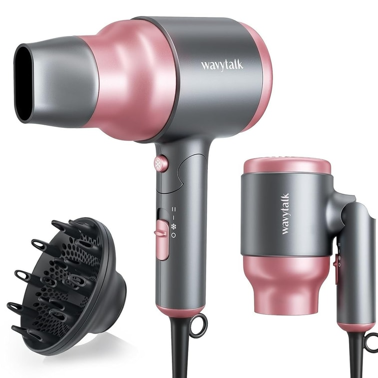 Portable Hair Dryer with Diffuser, Foldable Mini Hair Dryer with Lightweight Design, 1600W Small Hair Blow Dryer with Diffuser for Curly Hair Fast Drying, Rose Pink 4