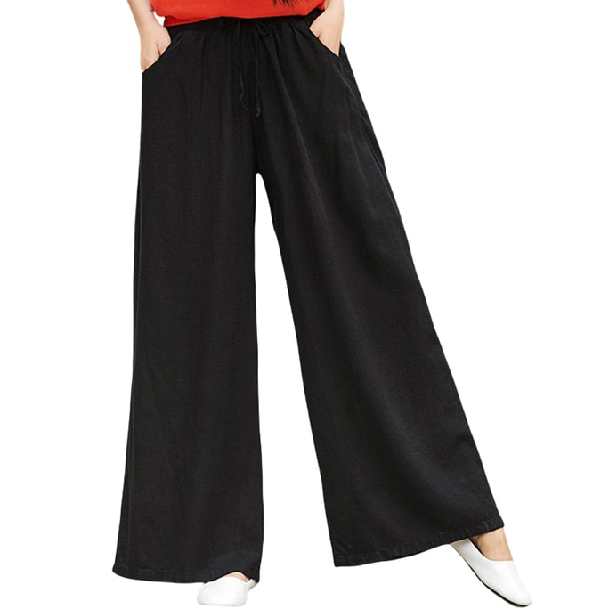 中国 ASIS棉麻国风复古女士长裤阔腿裤 黑色 S