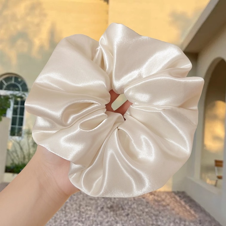 Zhao Lusi Style. Korean Oversized Deep Purple Satin Scrunchie, Single Piece. Soft Silk Fabric, Handcrafted. Smooth, Shiny, Adds Volume, Slims Face. High Elasticity. Daily Wear, Gentle, Premium. 5