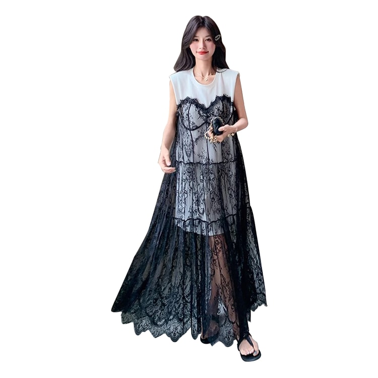 New Korean Style Atmospheric Lace Patchwork Dress White Against Black L - Yami.com New Korean Style Atmospheric Lace Patchwork Dress White Against Black L - Yami.com