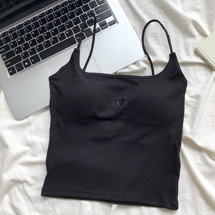 【中国直邮】 HSPM 纯棉针织小吊带带胸垫一体女士背心 黑色 M 1件 4