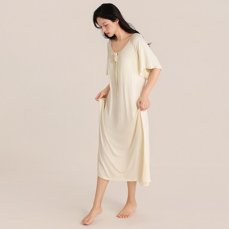 Class A Thin Loungewear Light Beige L 1 Piece Nightdress Women's Cotton Silk With Chest Pad Short Sleeve Pajamas Stretchy Sweet Sleep Dress