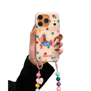 [중국 직배송] 리자드힐(17Pro) 귀여운 닥스훈트 휴대폰 케이스 (남녀 공용, 크로스백 또는 숄더백용, 스트랩 포함, 전체 보호, 낙하 방지, 니치 브랜드) *알록달록한 도트 무늬 닥스훈트 + 비즈 하트 팔찌 (1개)