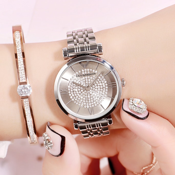 中國直郵 歌迪GEDI 爆款滿天星品牌女士鑲鑽女錶時尚潮流防水手錶 銀殼灰盤