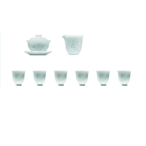 Jingdezhen Official Ceramic Relief Landscape High-end Kung Fu Tea Set, 8-piece Tea Set, Shadow Green 5.7CM