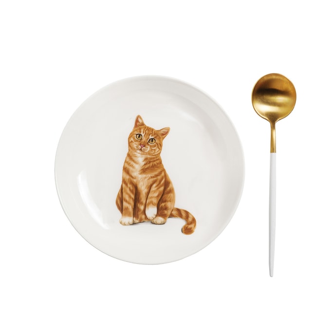 Petorama陶瓷宠物肖像中间印花8“圆形餐盘+陶瓷把手金色不锈钢餐勺套装-橘猫