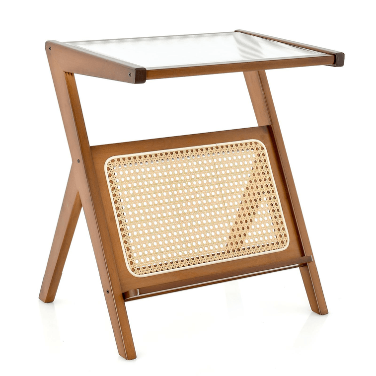 22 Inch Boho End Table With Magazine Rack And Tempered Glass Top-Walnut 3