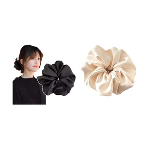 French Vintage Satin Hair Ties Shiny Satin Large Hair Ties Rubber Bands Hair Accessories 【2pcs】Light Champagne + Black