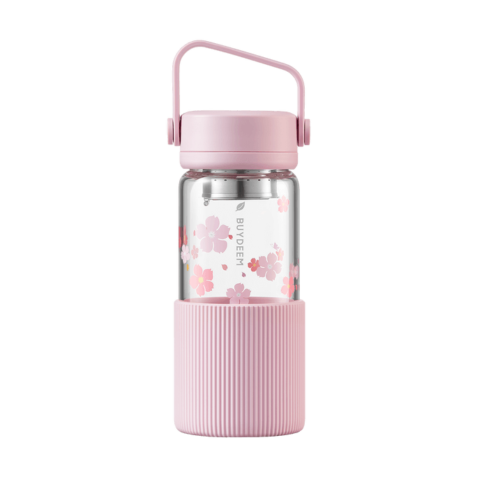 Portable Tea Cup with Tea Separator - Glass Tea Cup\/Water Cup, Cherry Blossom Pink, 470ml
