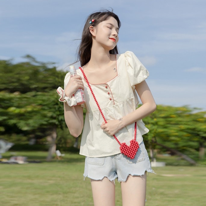 【中国直邮】 HSPM 新款甜美方领木耳边泡泡袖短袖衬衫 杏色 M