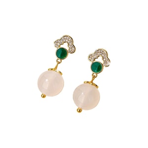 新中式祥云白玛瑙耳环|镶钻如意纹+冰透玉髓圆珠 高级感金色包边纯银耳饰 秋冬显白独特款 中式优雅通勤约会首饰女