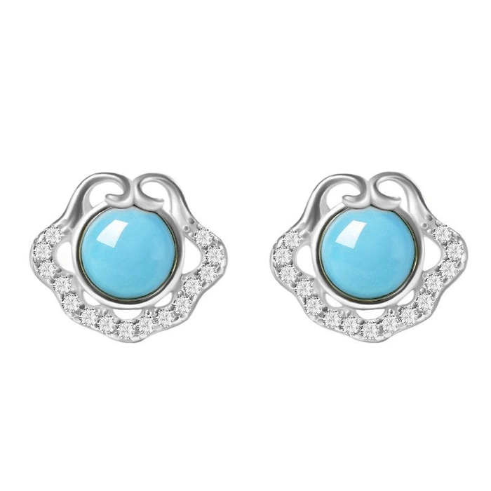 【中国直邮】 紫燕百味鸡 宫里上新 小如意耳钉耳饰新中式耳环 天然原矿绿松石 银色 10*12mm