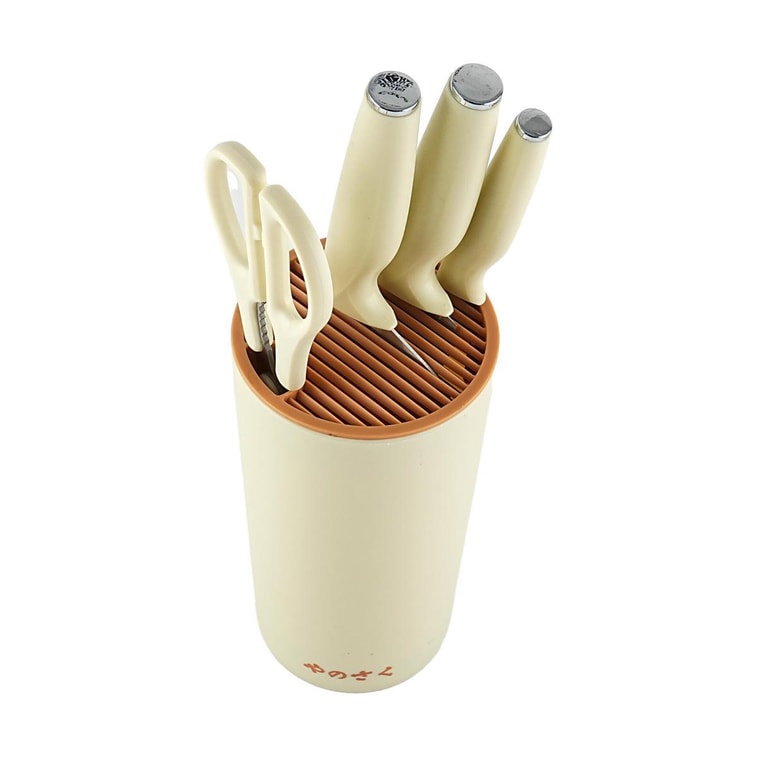 Ensemble de couteaux en acier inoxydable 5 pièces : Ciseaux + Couteau de chef + Couteau utilitaire + Couteau à fruits + Bloc à couteaux 5