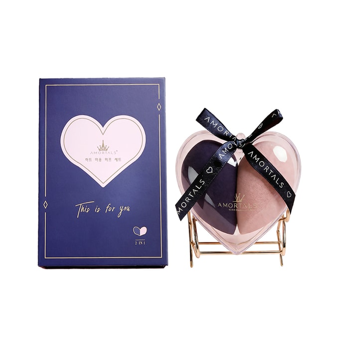 에르무타오 [하트 모양 콤보 팩] 하트 모양 메이크업 스펀지 2개입 - 부드럽고 파우더를 흡수하지 않음 - 더블 하트 디자인 - 피부 친화적인 선물 상자 - 베이스 메이크업을 안전하게 보호