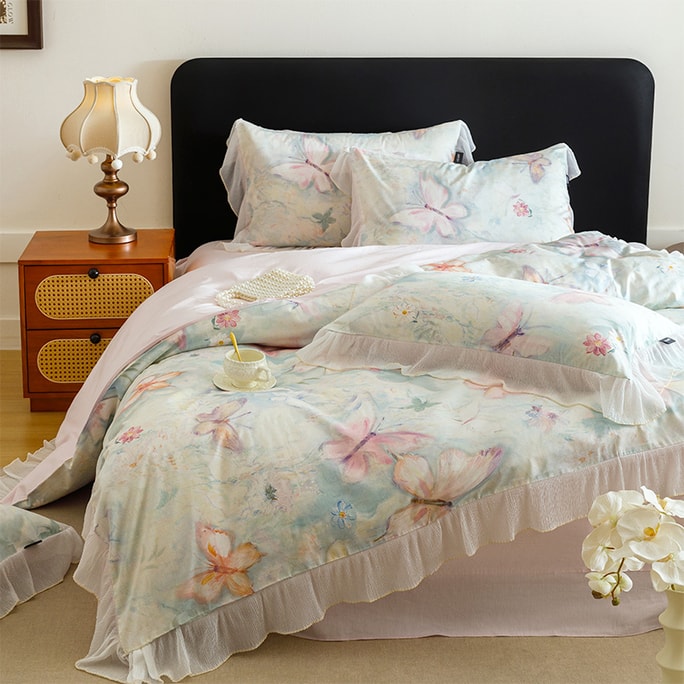 French Vintage Oil Painting Butterfly Bedding Set For 1.5m/1.8m Beds. 100% Cotton, Lace Ruffle, Cute & Pretty. Soft & Breathable. Builds A Monet Garden Vibe For A Romantic Bedroom Makeover.