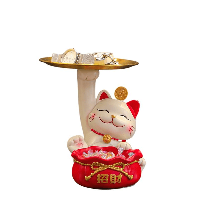 【中國直郵】生活無憂招財貓鑰匙收納玄關裝飾品擺件入戶門口 招財貓托盤福袋雙收納*1個