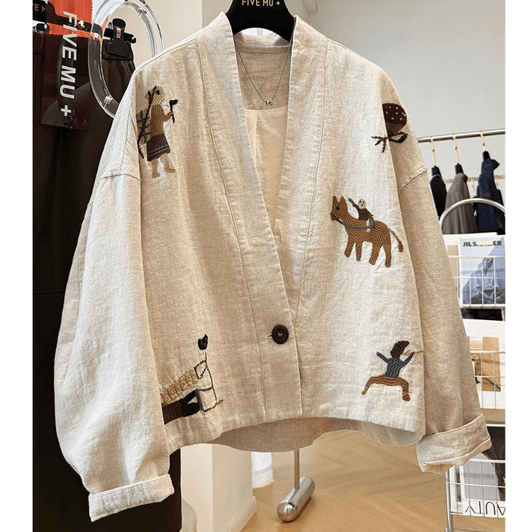 【美品】amiami linen cardigan Chinese Style Cotton Linen Embroidered Open-front Cardigan L