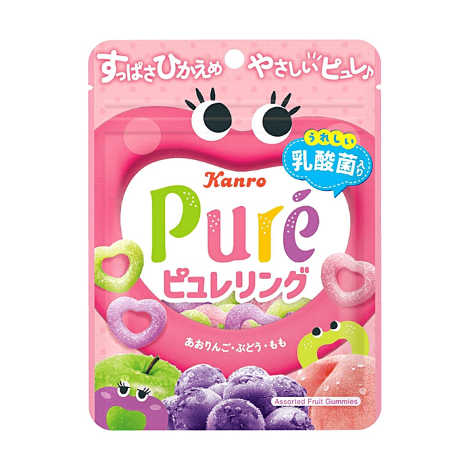 日本甘樂KANRO PURE心形環狀軟糖 混合水果味 63g【含乳酸菌】【三種口味】