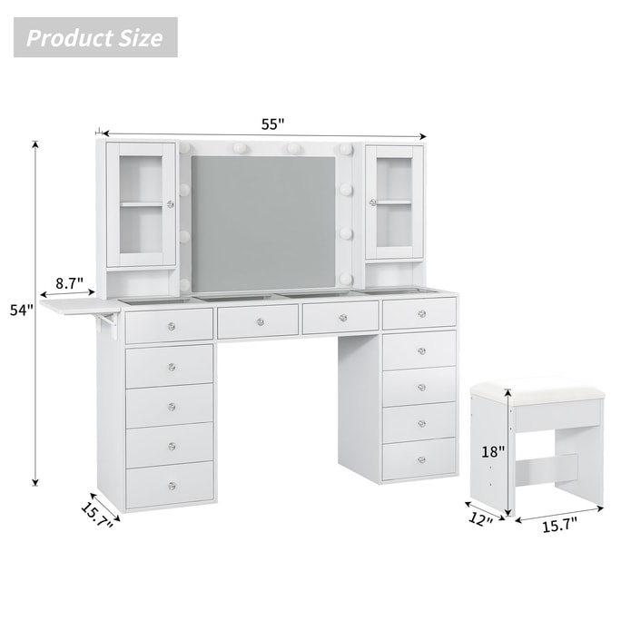 The cream-style solid wood dressing table is 54 inches high  with 10 LED lights and a chair of the same style as IKEA