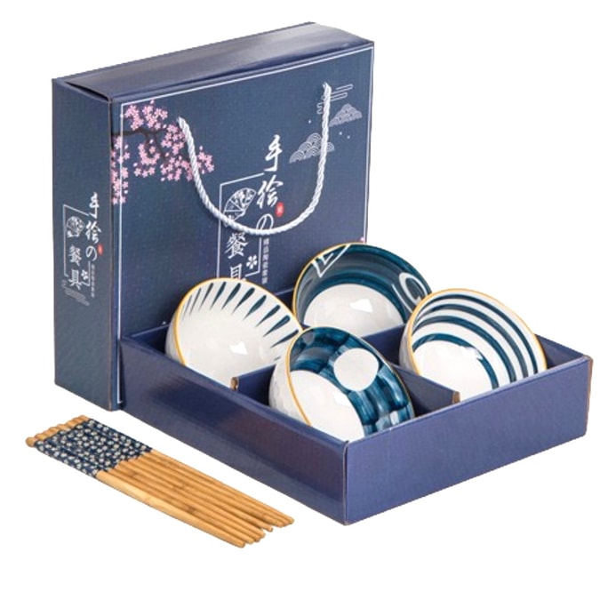 Hand-painted Celadon Bowl Ceramic Tableware Rice Bowl Chopsticks Set Home Soup Noodle Bowl Gift Set 4 Bowls 4 Chopsticks