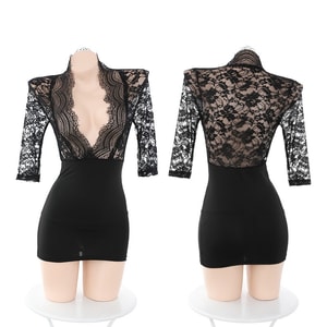 Fun Lingerie Deep V Lace Sexy Secretary Dress Purple One Size