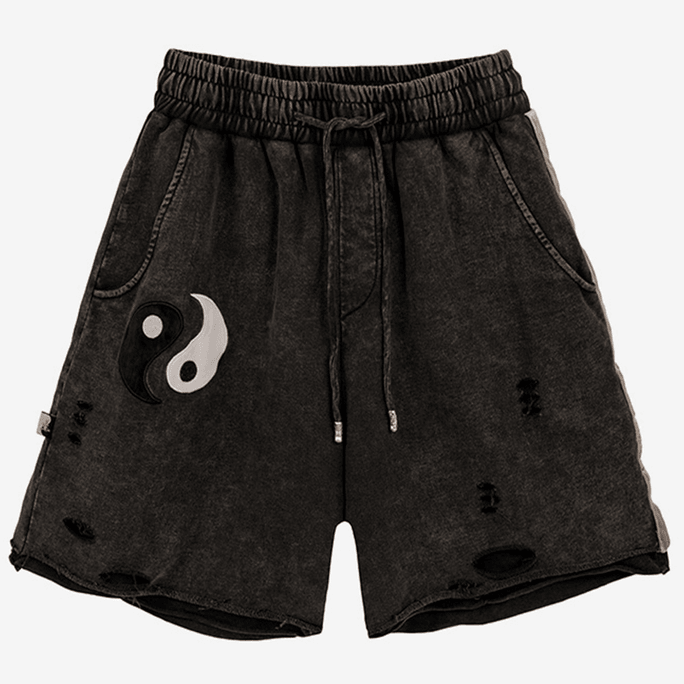 Chinese Style Tai Chi Embroidered Ripped Casual Shorts For Men/Women BlackLarge