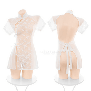 PinklemonLA ホワイトムーンオーキッドレース ハイスリット 透明チャイナドレス ストラップ付き バックレス シースルーランジェリー