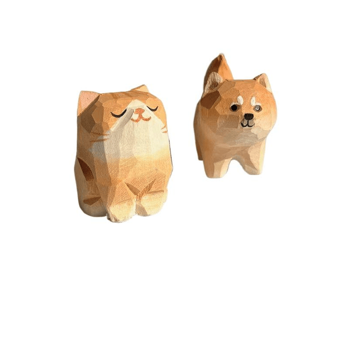 【中国直邮】无趣的店 送TA一对小猫小狗!橘猫手工木雕柴犬桌面摆件治愈系生日礼物新年猫狗双全*1件