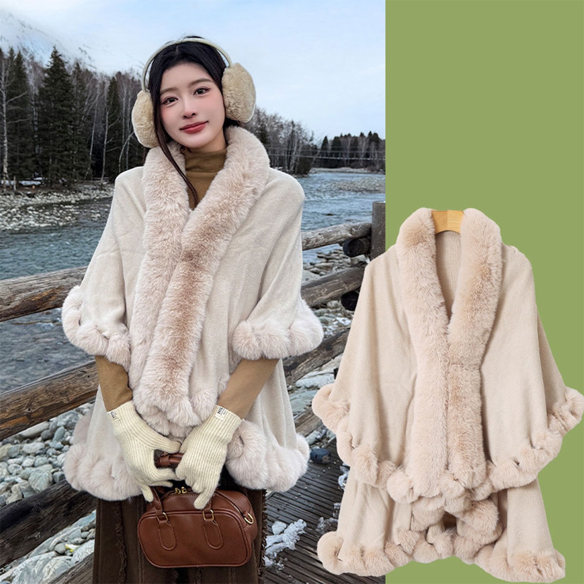 ジャケット・アウター louren big shawl collar double coat Stylish Versatile Fleece Collar Shawl Coat, Double-Layered Cape