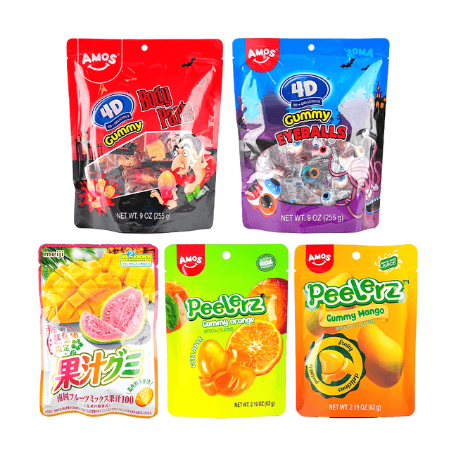 美国AMOS阿麦斯 芒果味剥皮软糖+橘子味剥皮软糖+4D眼球橡皮糖+4D身体器官橡皮糖+明治 果汁软糖 688g【超值5包装】