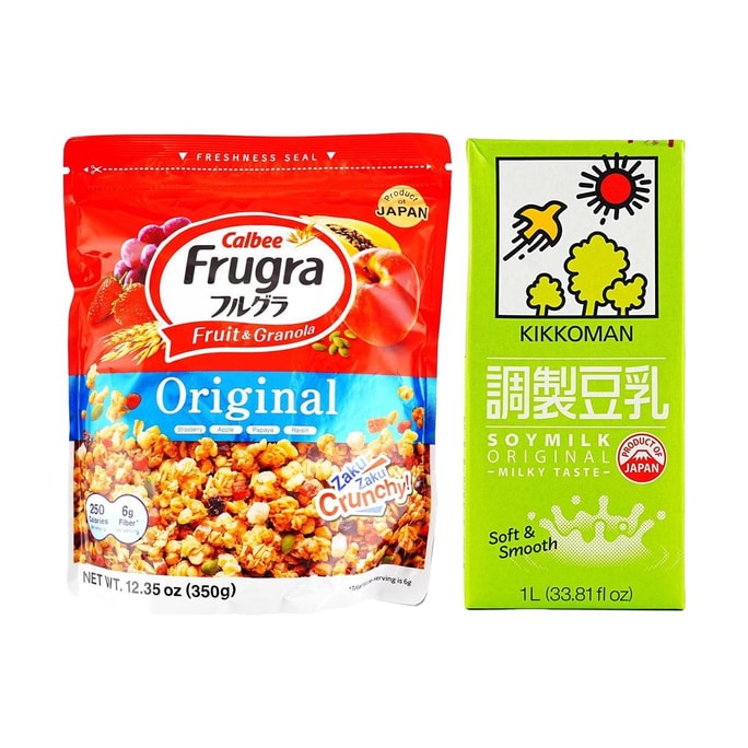 【超值早餐组合】日本CALBEE卡乐比 Frugra富果乐 营养水果谷物燕麦片 原味 350g  + 日本KIKKOMAN 原味豆奶 1L