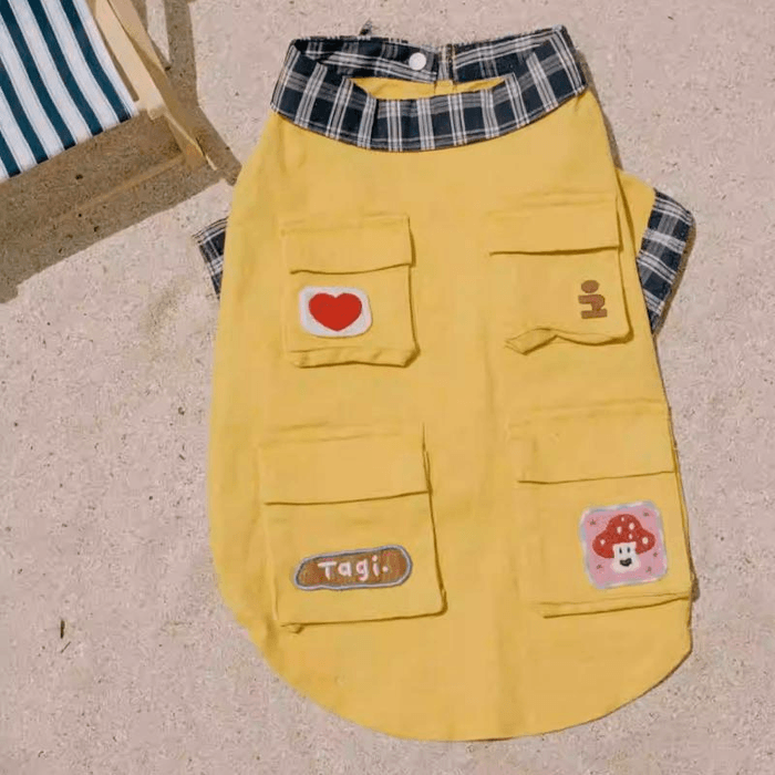 【中国直邮】 Tagi 《蘑菇哈哈》宠物格纹拼接刺绣西高地工装外套猎狐梗夹克黄色 M(4-6KG) 3
