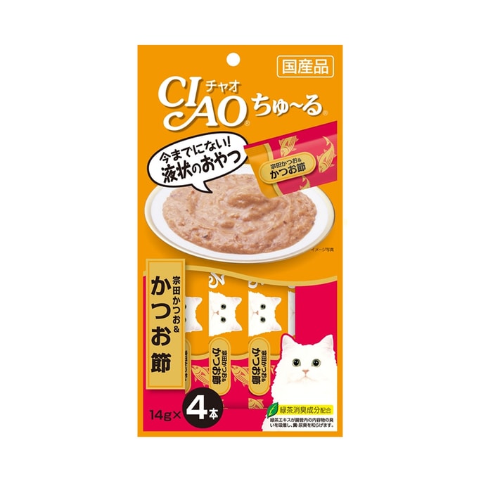 [일본 직배송] INABA CIAO 고양이 간식 부드러운 미트 소스 수분 공급 고양이 스트립 소다 전문 가다랭이 14g*4