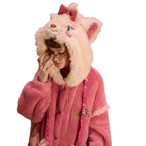 【中国直送】FOXTAIL ピンクリボンメリーキャットローブ コーラルフリース 秋冬パジャマ 裏起毛 厚手 アウターとしても着用可能 ルームウェア プラスサイズ 1枚