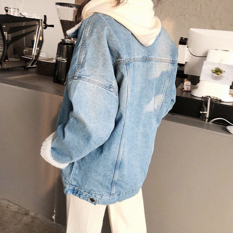 Korean version of the fur one denim jacket blue one size - Yami