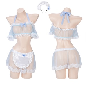 Fun Lingerie Sexy Neck Hanging Split Maid Outfit Set Blue One Size (No Stockings)