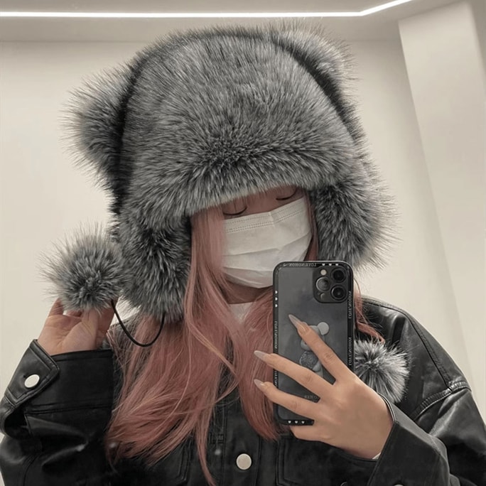 Thick And Plush Cute Animal Ear Protection Hat Grass Gray F