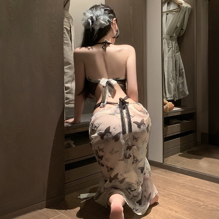 【中國直郵】 霏慕 新中式水墨蝶印肚兜睡裙套裝情趣內衣性感純欲透視誘惑 3