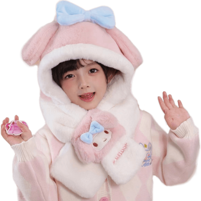 【中國直郵】三麗鷗兒童可愛保暖一體兩用帽子圍巾 秋冬防風護耳保暖帽 美樂蒂 1件| *預計到達時間3-4週